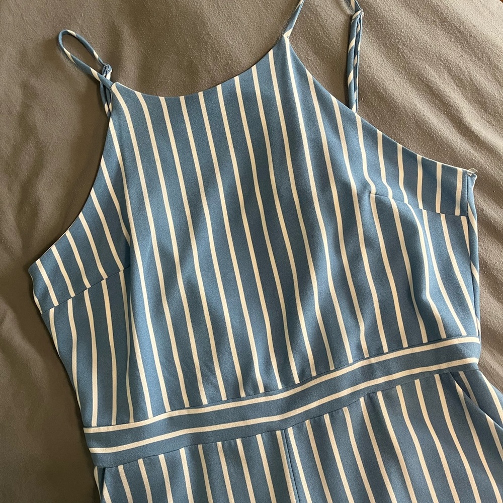 WORN ONCE!! blue & white stripped jumpsuit (size Large)
